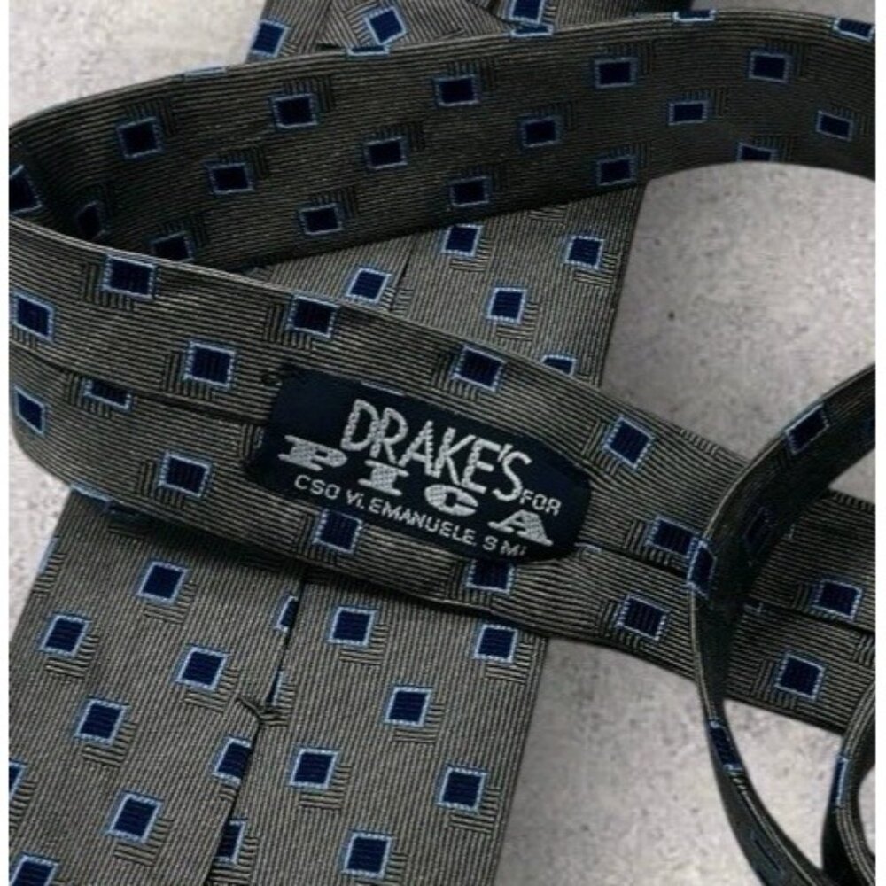 DRAKE'S Silk Tie ENGLAND XL Gray Navy Blue Geometric W:3.6" EUC - Picture 2 of 5